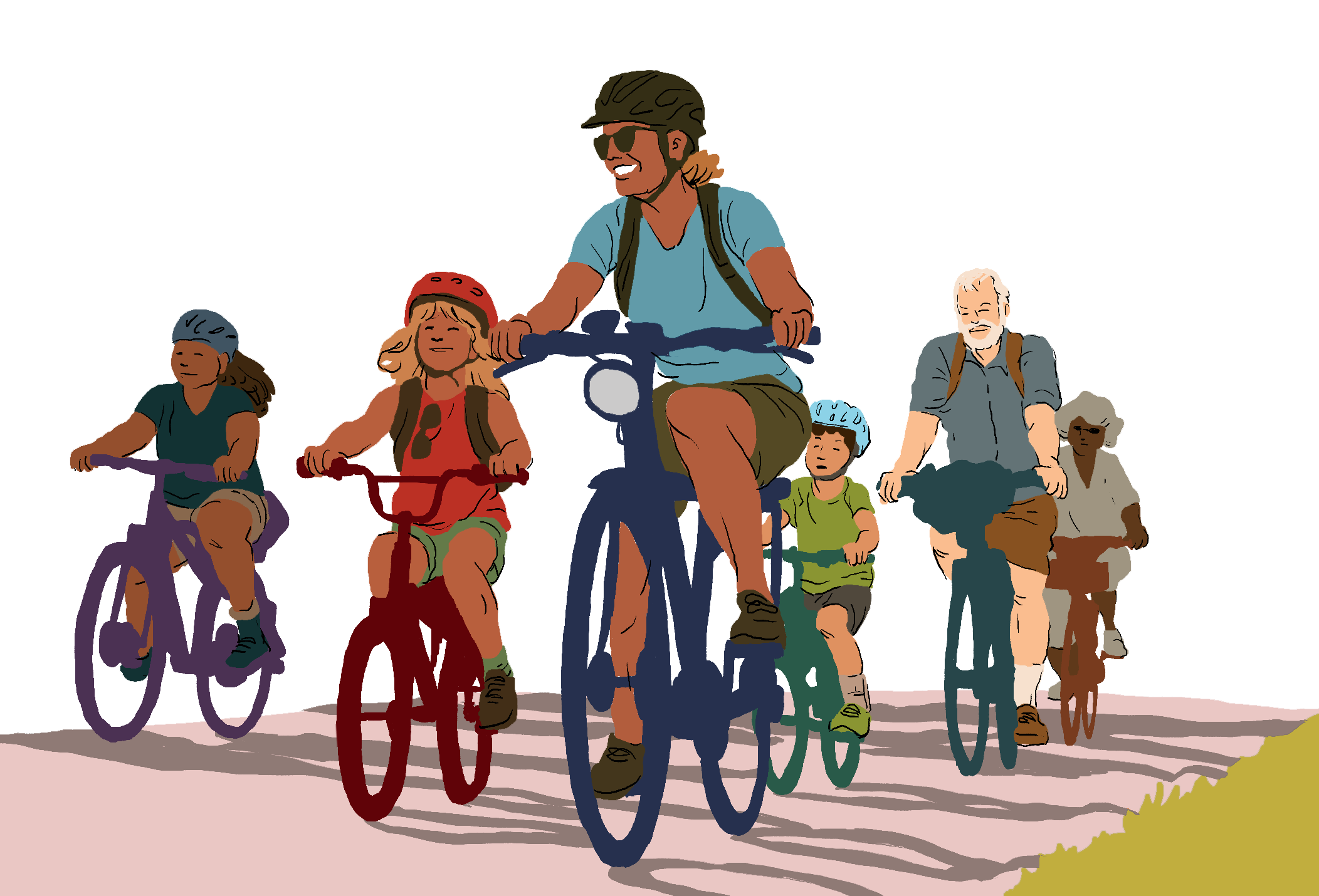 A multigenerational group of neighbors riding bikes